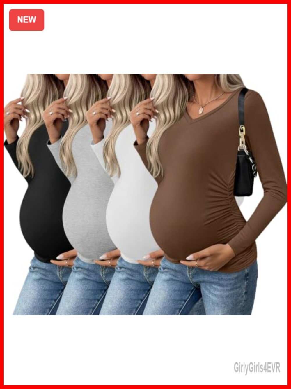 Maternity Long Sleeve V-Neck Tops Side Ruched Pregnancy Shirts 4 Pack